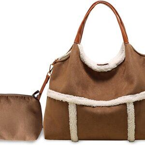 Women Suede Tote Bag Lamb Wool Crossbody Set Large Capacity Stylish Practical